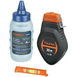 Tiralinea Plastico 30m, con repuesto y nivel, bobinado rapido, Incluye Bote de Gis, TL-50 18574 Truper Truper-Tiralinea Plastico