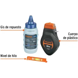 Tiralinea Plastico 30m, con repuesto y nivel, bobinado rapido, Incluye Bote de Gis, TL-50 18574 Truper Truper-Tiralinea Plastico