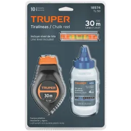 Tiralinea Plastico 30m, con repuesto y nivel, bobinado rapido, Incluye Bote de Gis, TL-50 18574 Truper Truper-Tiralinea Plastico
