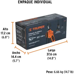 Tecle Industrial 3/4 Toneladas con Ratchet, Doble Trinquete, Mango con grip, Peso 6.4kg, POPA-3/4 16840 Truper Truper-Tecle Indu