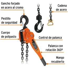 Tecle Industrial 1 Toneladas con Ratchet, Doble Trinquete, Mango con grip, Peso 6.6kg, POPA-1 16841 Truper Truper-Tecle Industri