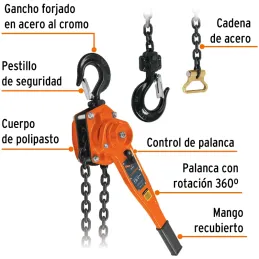 Tecle Industrial 1 1/2 Toneladas con Ratchet, Doble Trinquete, Mango con grip, Peso 10.1kg, POPA-1-1/2 16842 Truper Truper-Tecle