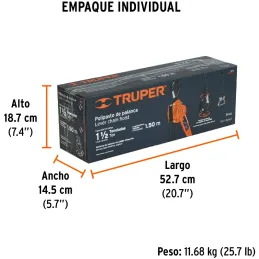 Tecle Industrial 1 1/2 Toneladas con Ratchet, Doble Trinquete, Mango con grip, Peso 10.1kg, POPA-1-1/2 16842 Truper Truper-Tecle