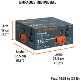 Tecle Industrial 1 1/2 Toneladas, Doble Trinquete, Mecanismo de triple engranaje, Peso 16.4kg, POL-1-1/2 16825 Truper Truper-Tec