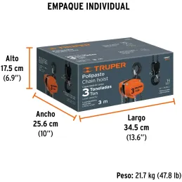Tecle Industrial 3 Toneladas, Doble Trinquete, Mecanismo de triple engranaje, Peso 23.5kg, POL-3 16827 Truper Truper-Tecle Indus