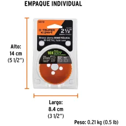 Sierra de copa Bimetalicas 2 1/2" o 63.5mm, dientes de acero alta velocidad, Para metal y Madera, COBI-2-1/2 18119 Truper Truper