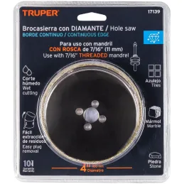 Sierra de copa 4" o 101.6mm, con borde de diamante, alto rendimiento, cortes finos y rapidos, COAZ-4 17139 Truper Truper-Sierra 