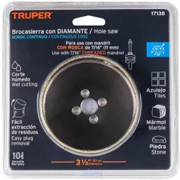 Sierra de copa 3 1/2" o 88.9mm, con borde de diamante, alto rendimiento, cortes finos y rapidos, COAZ-3-1/2 17138 Truper Truper-