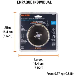 Sierra de copa 3 1/2" o 88.9mm, con borde de diamante, alto rendimiento, cortes finos y rapidos, COAZ-3-1/2 17138 Truper Truper-