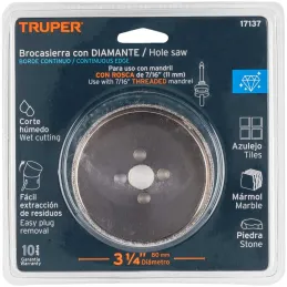 Sierra de copa 3 1/4" o 82.5mm, con borde de diamante, alto rendimiento, cortes finos y rapidos, COAZ-3-1/4 17137 Truper Truper-