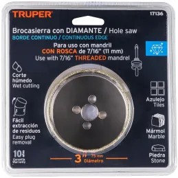 Sierra de copa 3" o 76.2mm, con borde de diamante, alto rendimiento, cortes finos y rapidos, COAZ-3 17136 Truper Truper-Sierra d