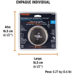 Sierra de copa 3" o 76.2mm, con borde de diamante, alto rendimiento, cortes finos y rapidos, COAZ-3 17136 Truper Truper-Sierra d