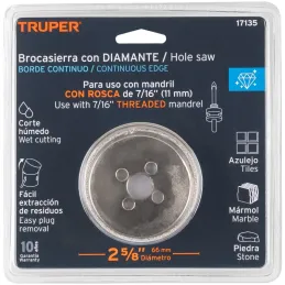 Sierra de copa 2 5/8" o 66.6mm, con borde de diamante, alto rendimiento, cortes finos y rapidos, COAZ-2-5/8 17135 Truper Truper-
