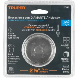Sierra de copa 2 1/8" o 53.9mm, con borde de diamante, alto rendimiento, cortes finos y rapidos, COAZ-2-1/8 17133 Truper Truper-