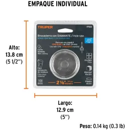 Sierra de copa 2 1/8" o 53.9mm, con borde de diamante, alto rendimiento, cortes finos y rapidos, COAZ-2-1/8 17133 Truper Truper-