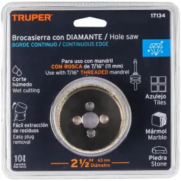 Sierra de copa 2 1/2" o 63.5mm, con borde de diamante, alto rendimiento, cortes finos y rapidos, COAZ-2-1/2 17134 Truper Truper-