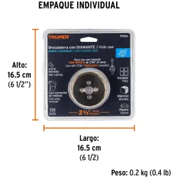 Sierra de copa 2 1/2" o 63.5mm, con borde de diamante, alto rendimiento, cortes finos y rapidos, COAZ-2-1/2 17134 Truper Truper-