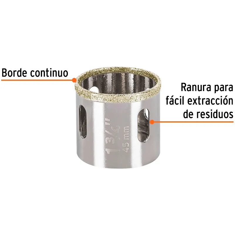 Sierra de copa 1 3/4" o 44.4mm, con borde de diamante, alto rendimiento, cortes finos y rapidos, COAZ-1-3/4 17131 Truper Truper-