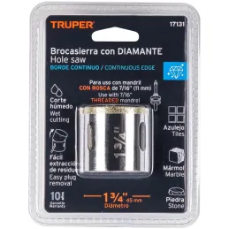 Sierra de copa 1 3/4" o 44.4mm, con borde de diamante, alto rendimiento, cortes finos y rapidos, COAZ-1-3/4 17131 Truper Truper-