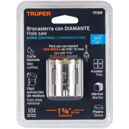 Sierra de copa 1 3/8" o 34.9mm, con borde de diamante, alto rendimiento, cortes finos y rapidos, COAZ-1-3/8 17129 Truper Truper-