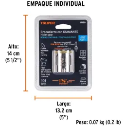 Sierra de copa 1 3/8" o 34.9mm, con borde de diamante, alto rendimiento, cortes finos y rapidos, COAZ-1-3/8 17129 Truper Truper-