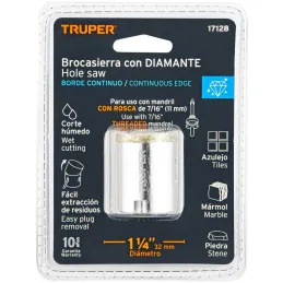 Sierra de copa 1 1/4" o 31.7mm, con borde de diamante, alto rendimiento, cortes finos y rapidos, COAZ-1-1/4 17128 Truper Truper-