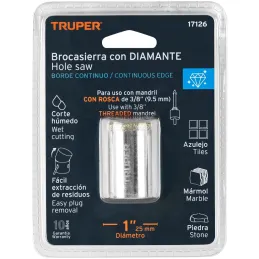 Sierra de copa 1" o 24.5mm, con borde de diamante, alto rendimiento, cortes finos y rapidos, COAZ-1 17126 Truper Truper-Sierra d