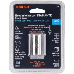 Sierra de copa 7/8" o 22.2mm, con borde de diamante, alto rendimiento, cortes finos y rapidos, COAZ-7/8 17125 Truper Truper-Sier