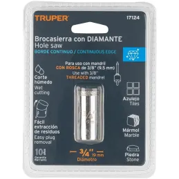 Sierra de copa 3/4" o 19mm, con borde de diamante, alto rendimiento, cortes finos y rapidos, COAZ-3/4 17124 Truper Truper-Sierra