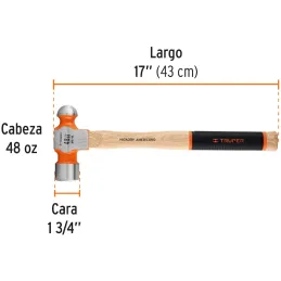 Martillos 48oz Cabeza Bola C44mm MHickoryGrip17" Truper 16906 Truper-Martillos 48oz Cabeza Bola C44mm MHickoryGrip17" Truper 169