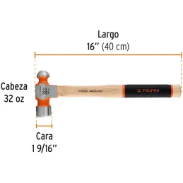 Martillos 32oz Cabeza Bola C39mm MHickoryGrip16" Truper 16904 Truper-Martillos 32oz Cabeza Bola C39mm MHickoryGrip16" Truper 169