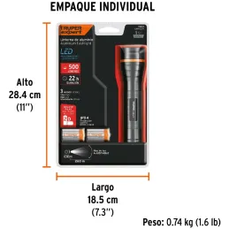 Linternas LED 500lm AltaPotencia 250m 22H 2PilasD Aluminio Truper 18813 Truper-Linternas LED 500lm AltaPotencia 250m 22H 2PilasD