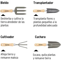 Juego de 4 Herramientas para Jardin 6 Pulgadas, Transplantador, cuchara, bieldo, cultivador, JJ-4 15030 Truper Truper-Juego de 4