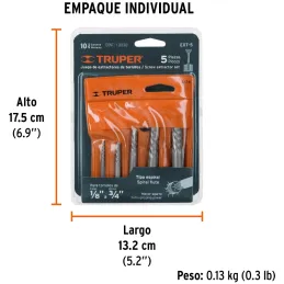 Extractor de Pernos Rotos, Juego de 5 Piezas, Medidas 1/8 al 7/16, acero al cromo, EXT-5 14512 Truper Truper-Extractor de Pernos