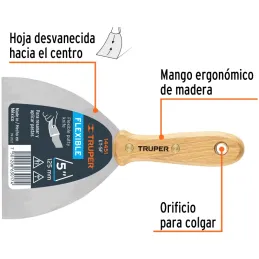 Espatula Flexible 5" Mango de Hickory Americano, acero alto carbono, Hoja Desbastada y Templada, ET-5F 14451 Truper Truper-Espat