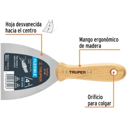 Espatula Flexible 4" Mango de Hickory Americano, acero alto carbono, Hoja Desbastada y Templada, ET-4F 14450 Truper Truper-Espat