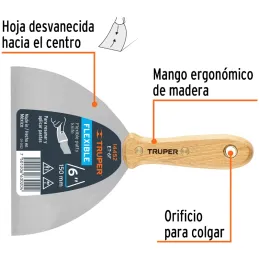 Espatula Flexible 6" Mango de Hickory Americano, acero alto carbono, Hoja Desbastada y Templada, ET-6F 14452 Truper Truper-Espat