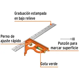 Escuadra de Combinacion 12", Acero Inoxidable, Para Angulos de 45 y 90 Grados, ECT-12 14380 Truper Truper-Escuadra de Combinacio