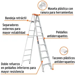Escaleras Tijera 8 Peldaños con Bandeja T2 Max4m P9.5kg EAluminio, Truper 10338 Truper-Escaleras Tijera 8 Peldaños con Bandeja T