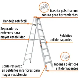 Escaleras Tijera 7 Peldaños con Bandeja T2 Max3.7m P8.3kg EAluminio, Truper 10337 Truper-Escaleras Tijera 7 Peldaños con Bandeja
