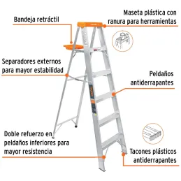 Escaleras Tijera 5 Peldaños con Bandeja T2 Max3m P5.7kg EAluminio, Truper 10335 Truper-Escaleras Tijera 5 Peldaños con Bandeja T