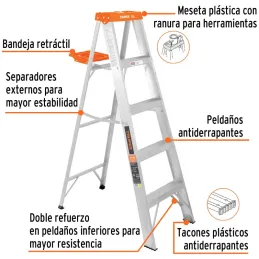 Escaleras Tijera 4 Peldaños con Bandeja T2 Max2.7m P5.1kg EAluminio, Truper 10264 Truper-Escaleras Tijera 4 Peldaños con Bandeja