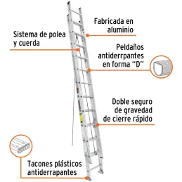 Escaleras Telescopicas 24 Peldaños T3 Max7m P14kg Aluminio, Truper 16028 Truper-Escaleras Telescopicas 24 Peldaños T3 Max7m P14k