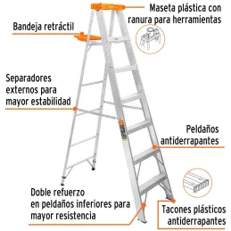 Escaleras Tijera 6 Peldaños con Bandeja T2 Max3.4m P7.4kg EAluminio, Truper 16744 Truper-Escaleras Tijera 6 Peldaños con Bandeja