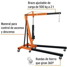 Pluma Hidraulica 2 Toneladas, Brazos Ajustable, Carga de 500kg a 2T, Ruedas de Hierro, PHF-2 12888 Truper Truper-Pluma Hidraulic