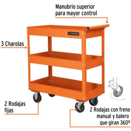 Carro de Servicio, 3 bandejas, Llantas de Alto Impacto, Freno Manual, Lamina Calibre 21, CARRO-3 11528 Truper Truper-Carro de Se