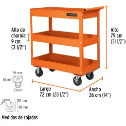 Carro de Servicio, 3 bandejas, Llantas de Alto Impacto, Freno Manual, Lamina Calibre 21, CARRO-3 11528 Truper Truper-Carro de Se