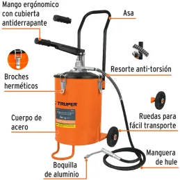 Bomba Inyectora de grasa 5800 PSI 24kg. Alta Presion, Flujo 3.1g Manguera 1/4" Cubeta 28x39cm, BOMIN-24 16850 Truper Truper-Bomb