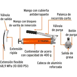 Engrasadora Industrial 14oz 6000 lb/pulg2 y Refacciones, Extension Flexible y Rigida, GRAS-15 14861 Truper Truper-Engrasadora In