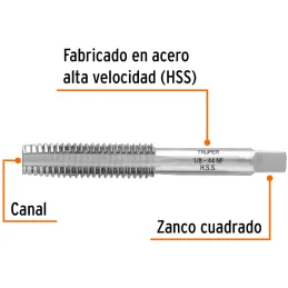 Machos 1/8" x44h NF RoscaFina UNF AceroHSS Truper 11416 Truper-Machos 1/8" x44h NF RoscaFina UNF AceroHSS Truper 11416 Para cone